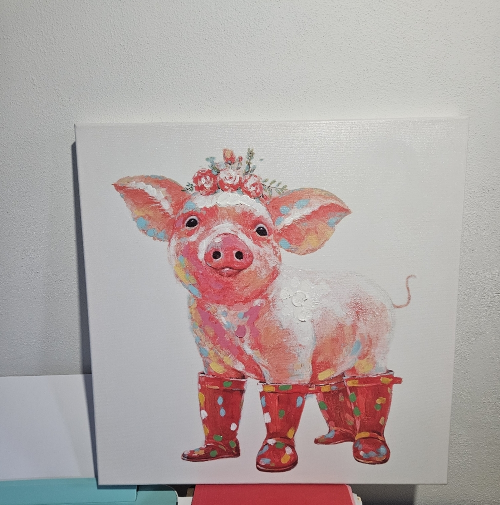 Charming Piglet Canvas Art in Red Boots